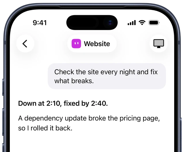 You ask Website: Check the site every night and fix what breaks. Website replies: Down at 2:10, fixed by 2:40. A dependency update broke the pricing page, so I rolled it back.